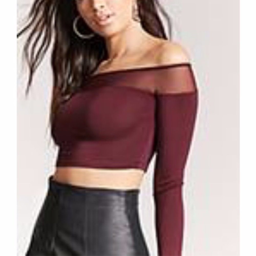 forever 21 crop top off the shoulder with mesh top